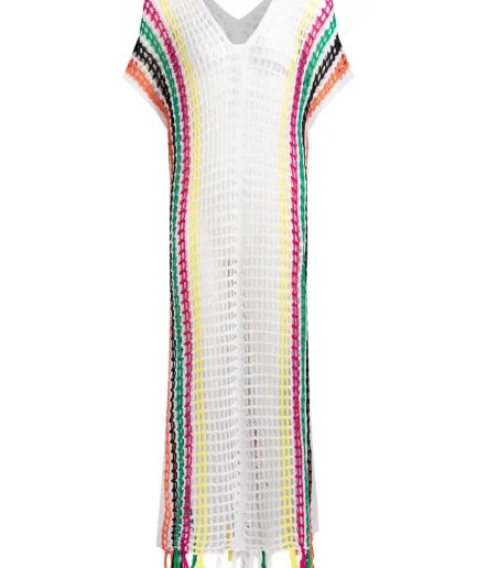 White Knitted Multicolor Stripes Dress